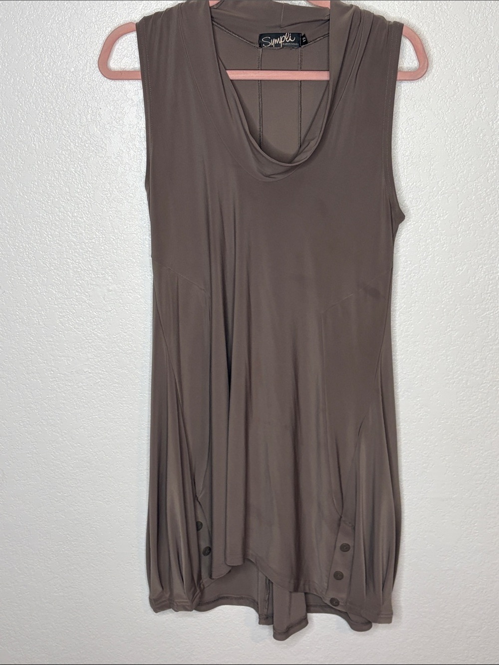 Sympli Taupe Lagenlook Cowl Neck Stretch Jersey Tunic Button Details Size 12